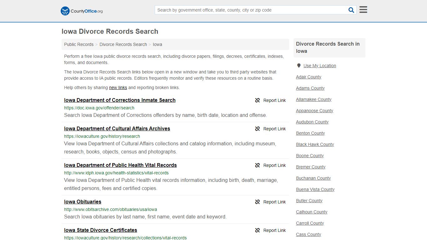 Iowa Divorce Records Search - County Office