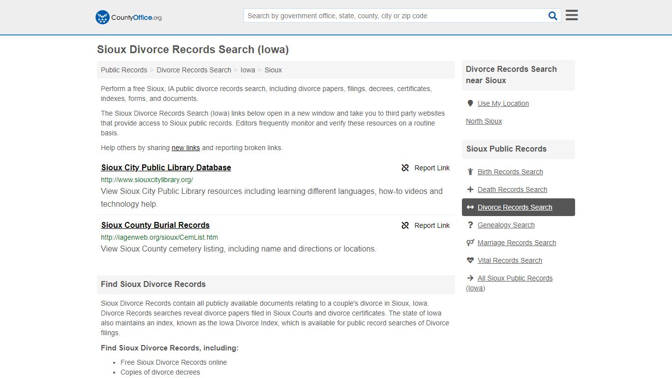 Sioux Divorce Records Search (Iowa) - County Office